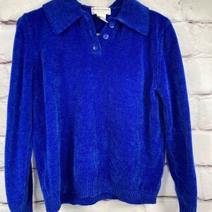 Draper's & Damon’s Sweater SZ M Bright Blue Petite Pull-over Button Neck Soft